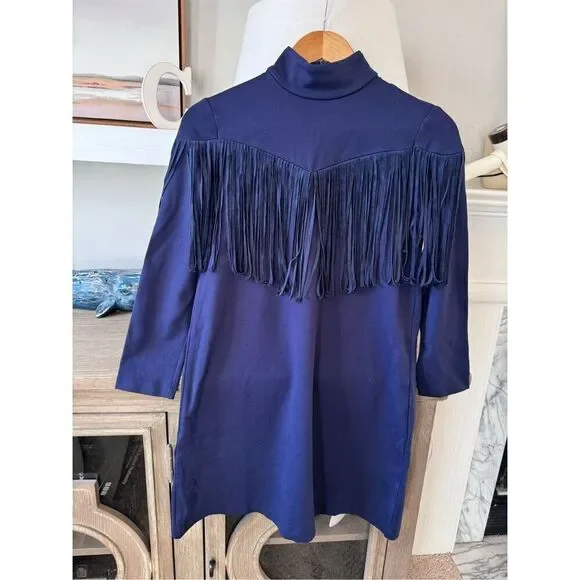 Tuckernuck Dress Women Navy Blue Cowgirl Suede Fringe Long Sleeve Size XSmall - Picture 1 of 9